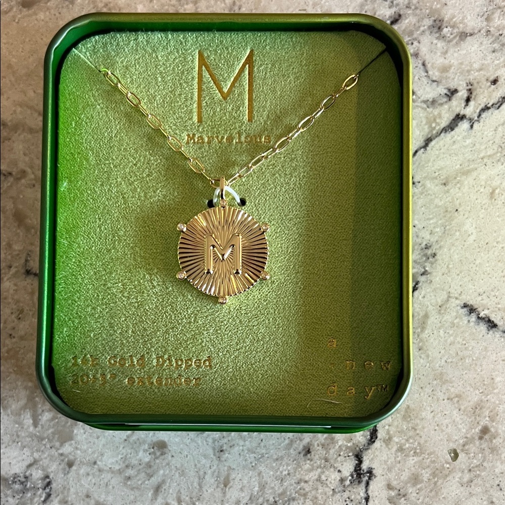 A New Day Gold Monogram Necklace, M, 14k gold dipped, 20+3” extender, New!